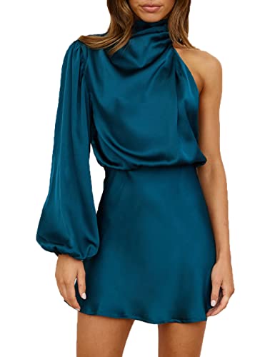 Damen Satin Langarm One Shoulder Minikleid Seide Einarm Rollkragen Ausschnitt Cocktail Kurzes Kleid für Frauen, Blaugrün/Ein Hauch von Paradies (Trace of Paradise), X-Groß von KOUNAI