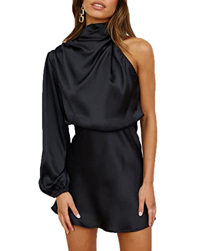 Damen Satin Langarm One Shoulder Minikleid Seide Einarm Rollkragen Ausschnitt Cocktail Kurzes Kleid für Frauen, Schwarz, X-Groß von KOUNAI