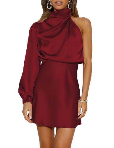 KOUNAI Damen Satin Langarm One Shoulder Minikleid Seide One Sleeve Rollkragen Ausschnitt Cocktail Kurzes Kleid für Frauen, Burgunder, Klein von KOUNAI