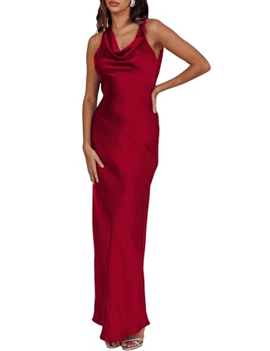 Maxikleid aus Satin, Wasserfallausschnitt, ärmellos, rückenfrei, für Hochzeitsgäste, Seide, offener Rücken, Raffhalter, formelle Kleider für Damen 2025, Burgunder, Klein Maxikleid aus Satin, Wasserfallausschnitt, ärmellos, rückenfrei, für Hochzeitsgäste, Seide, offener Rücken, Raffhalter, formelle Kleider für Damen 2025, Burgunder, Klein von KOUNAI