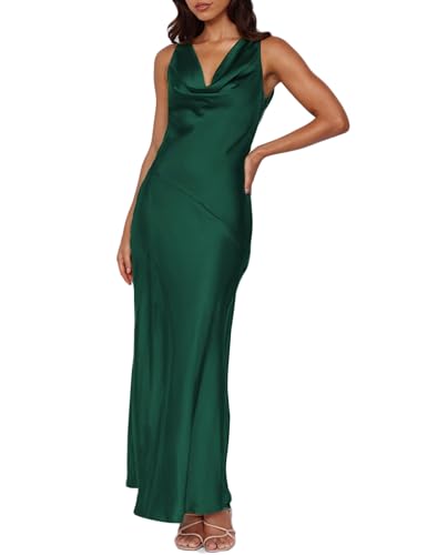 Maxikleid aus Satin, Wasserfallausschnitt, ärmellos, rückenfrei, für Hochzeitsgäste, Seide, offener Rücken, Raffhalter, formelle Kleider für Damen 2025, Smaragde., Groß Maxikleid aus Satin, Wasserfallausschnitt, ärmellos, rückenfrei, für Hochzeitsgäste, Seide, offener Rücken, Raffhalter, formelle Kleider für Damen 2025, Smaragde., Groß von KOUNAI