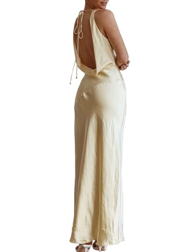 KOUNAI Maxikleid aus Satin, Wasserfallausschnitt, ärmellos, rückenfrei, für Hochzeitsgäste, Seide, offener Rücken, Raffhalter, formelle Kleider für Damen 2024, gelb, X-Groß KOUNAI Maxikleid aus Satin, Wasserfallausschnitt, ärmellos, rückenfrei, für Hochzeitsgäste, Seide, offener Rücken, Raffhalter, formelle Kleider für Damen 2024, gelb, X-Groß von KOUNAI