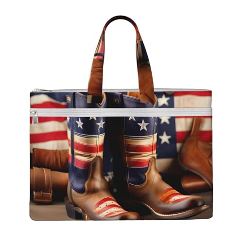 KOUUIP Amerikanische Flagge mit Cowboystiefeln, Canvas-Dokumententasche mit Druck, 26,7 x 38,1 cm, 2 Reißverschlusstaschen, aufgeräumt für Büroakten KOUUIP Amerikanische Flagge mit Cowboystiefeln, Canvas-Dokumententasche mit Druck, 26,7 x 38,1 cm, 2 Reißverschlusstaschen, aufgeräumt für Büroakten von KOUUIP
