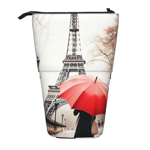 KOUUIP Eiffelturm mit rotem Regenschirm-Druck, Teleskop-Federmäppchen, Stifthalter, Schreibwarenetui, Stand-up-Tasche, einziehbare Tasche, Stand-Organizer von KOUUIP