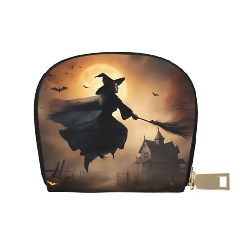 KOUUIP Halloween Witch Flying 2 Print Damen Kreditkartenetui Geldbörse Reißverschluss Leder Kartenetui Kartenhalter Uni für Männer und Frauen, Weiss/opulenter Garten, Einheitsgröße von KOUUIP