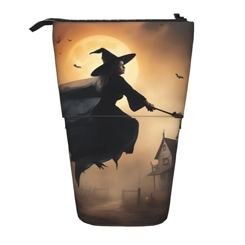 KOUUIP Halloween Witch Flying 2 Teleskopdruck Bleistiftbeutel Federmäppchen Schreibwaren Fall, aufrecht einziehbare Tasche Organizer stehend, Schwarz , Taglia Unica von KOUUIP