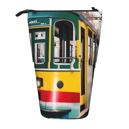 KOUUIP Lissabon Teleskop-Federmäppchen mit Straßenbahn-Aufdruck, Stifthalter, Schreibwarenetui, Stand-up-Tasche, einziehbare Tasche, Steh-Organizer von KOUUIP