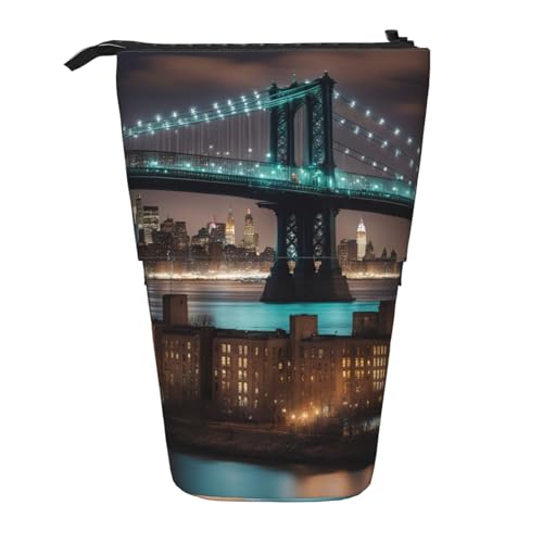 KOUUIP New York Manhattan Bridge Night Print Teleskop-Federmäppchen Stiftehalter Schreibwarenetui, Stand-up Retractable Bag Standing Organizer von KOUUIP