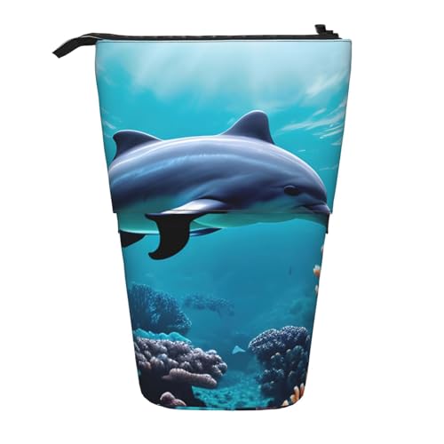 KOUUIP Schöne Unterwasserwelt Delfine Korallendruck Teleskop-Federmäppchen Stifthalter Schreibwarenetui, Stand-up Retractable Bag Standing Organizer von KOUUIP