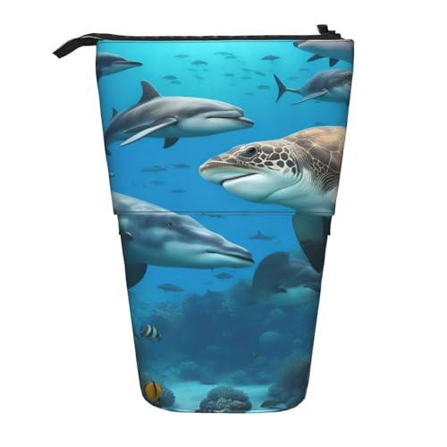 KOUUIP Teleskop-Federmäppchen mit Delfinen, Meeresschildkröte, Hai, Oktopus, Korallenriff-Druck, Stiftehalter, Schreibwarenetui, Stand-up-Tasche, einziehbare Tasche, Stand-Organizer von KOUUIP