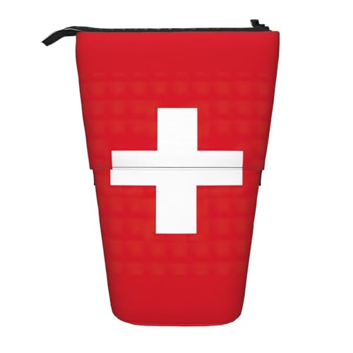 KOUUIP Teleskop-Federmäppchen mit Schweizer Flagge, Stifthalter, Schreibwarenetui, Stand-up-Tasche, einziehbare Tasche, Steh-Organiz von KOUUIP