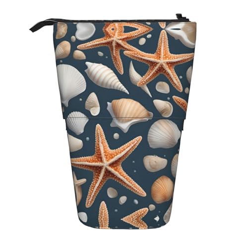 KOUUIP Teleskop-Federmäppchen mit Seestern- und Muschel-Druck, Stifthalter, Schreibwarenetui, Stand-up-Tasche, einziehbare Tasche, Stand-Organiz von KOUUIP