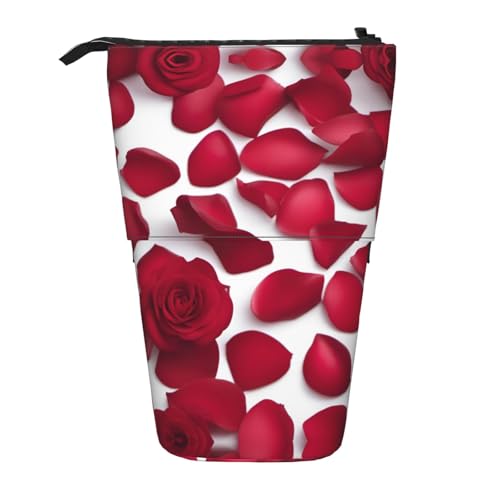 KOUUIP Teleskop-Federmäppchen mit roten Rosenblättern, Stifthalter, Schreibwarenetui, Stand-up-Tasche, einziehbare Tasche, Steh-Organizer, Schwarz, One Size von KOUUIP