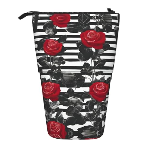 KOUUIP Teleskop-Federmäppchen mit schwarz-weißen Streifen und roten Rosen, Stiftehalter, Schreibwarenetui, Stand-up-Tasche, einziehbare Tasche, Steh-Organizer von KOUUIP
