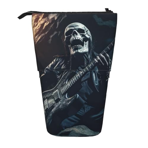 KOUUIP Totenkopf Rock Roll Skelett Knochen Druck Teleskop-Federmäppchen Stifthalter Schreibwarenetui, Stand-up Retractable Bag Standing Organizer, Schwarz, One Size von KOUUIP