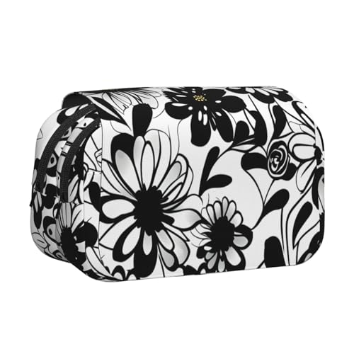 Kosmetiktasche mit schwarzem und weißem Blumendruck, Kawaii-Bleistift-Box, Gadget-Organizer, Tasche mit Reißverschluss Kosmetiktasche mit schwarzem und weißem Blumendruck, Kawaii-Bleistift-Box, Gadget-Organizer, Tasche mit Reißverschluss von KOUUIP