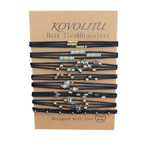 KOVOLITU Schwarze Perlenhaargummis, Kristall-Haarbänder, Armbänder für Damen und Mädchen, 8 Stile, gute elastische Haarbänder für Pferdeschwanz, dünnes Haar von KOVOLITU