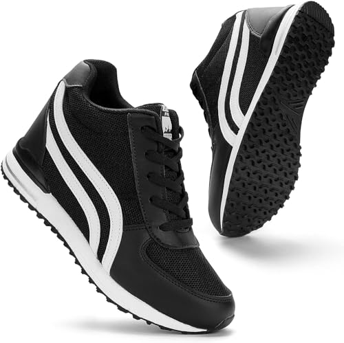 KOWAYI Damen Sneakers Wedges mit Keilabsatz 7cm Leichte Plateau Sneaker Walking Schuhe Atmungsaktiv Damen Turnschuhe Freizeitschuhe Bequeme Sportschuhe mit Keilabsatz Schwarz 41XIN von KOWAYI