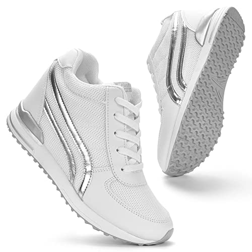 KOWAYI Damen Sneakers Wedges mit Keilabsatz 7cm Leichte Plateau Sneaker Walking Schuhe Atmungsaktiv Damen Turnschuhe Freizeitschuhe Bequeme Sportschuhe mit Keilabsatz Weiß 36 von KOWAYI