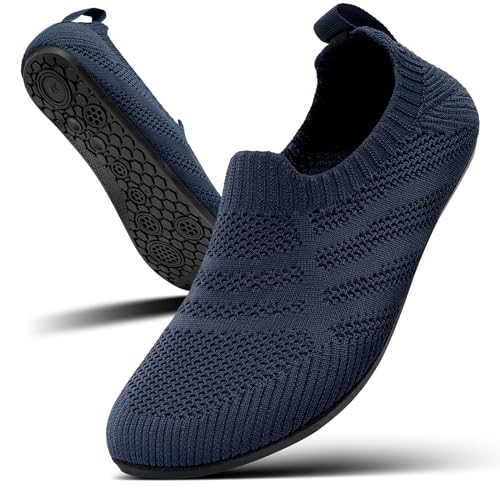 KOWAYI Hausschuhe Herren Damen Slip on Hüttenschuhe Geschlossen Barfußschuhe Unisex rutschfeste Home Slipper Atmungsaktive Leichte Stricken Pantoffeln Dunkelblau 38 von KOWAYI