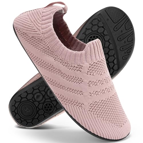 KOWAYI Hausschuhe Herren Damen Slip on Hüttenschuhe Geschlossen Barfußschuhe Unisex Rutschfeste Home Slipper Atmungsaktive Leichte Stricken Pantoffeln Hellrosa 37 von KOWAYI