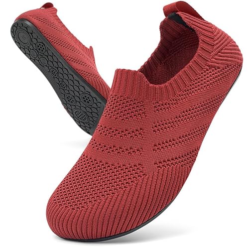 KOWAYI Hausschuhe Herren Damen Slip on Hüttenschuhe Geschlossen Barfußschuhe Unisex Rutschfeste Home Slipper Atmungsaktive Leichte Stricken Pantoffeln Rot 39 von KOWAYI