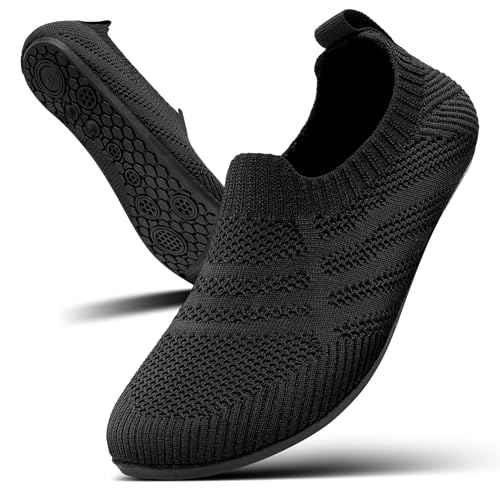 KOWAYI Hausschuhe Herren Damen Slip on Hüttenschuhe Geschlossen Barfußschuhe Unisex Rutschfeste Home Slipper Atmungsaktive Leichte Stricken Pantoffeln Schwarz 43 von KOWAYI