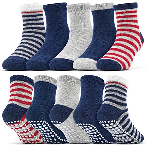 KOWAYI Kinder Stoppersocken Socken Baby 5-10 Pack Mädchen Jungen ABS Söckchen Antirutschsocken Bunt Neugeborene Socks Babysocken Blaue Streifen 10P 12-24M von KOWAYI