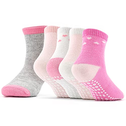 KOWAYI Kinder Stoppersocken Socken Baby 5-10 Pack Mädchen Jungen ABS Söckchen Antirutschsocken Bunt Neugeborene Socks Babysocken Rosa 5P 12-24M von KOWAYI