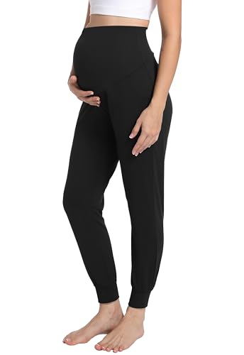 KOZKIBOL Umstands-Jogginghose für Damen, Schwangerschafts-Sweathose, Lounge-Workout, Pyjama, dehnbar, Schwangerschaftshose, Schwarz, Groß von KOZKIBOL