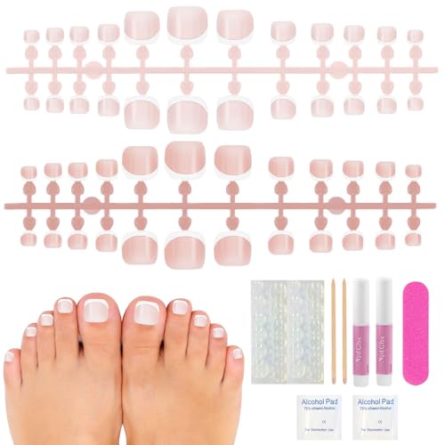 Falsche Fußnägel Kit, 48 Stück Französisch Künstlich Fußnägel Tips, 12 Größen Full Cover Toe Nails Tips für Frauen, French Toenail Kit für Damen Frauen Nagelkunst DIY (Rosa, Mittel) von KOZOY