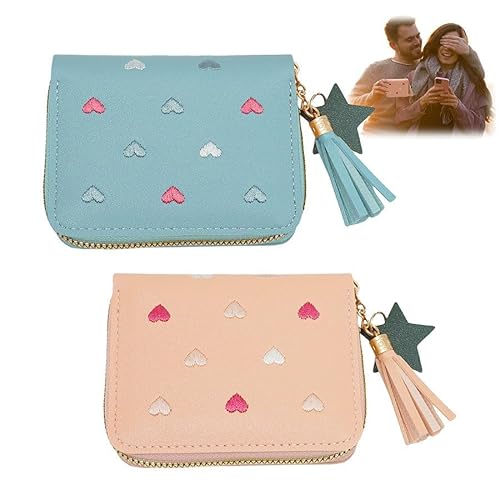 KOZOY Süße Geldbörse für Mädchen und Jungs Damen, 2 Stück Geldbeutel mädchen, Portmonee Kinder Mini Portemonnaie aus weichem PU Leder mit Quaste Reißverschluss Münzfach und Kartenfächern (rosa+blau) von KOZOY
