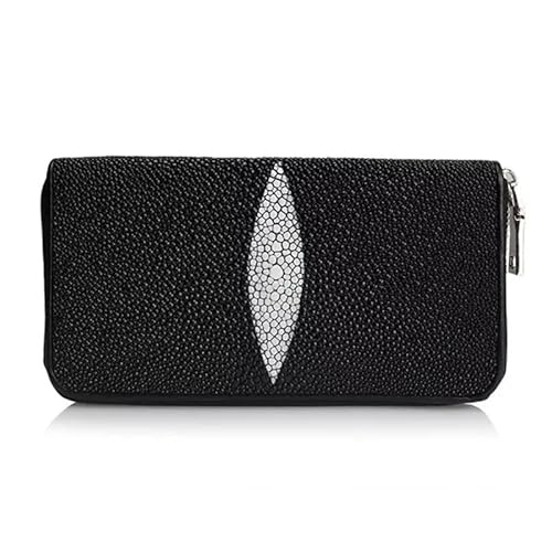 KOehLy Klassische schwarze und weiße echte Stachelrochenhaut, für Damen und Herren, lange Clutch, echtes exotisches Leder, weiblich, männlich, Kartengeldbörse, Schwarz, Freizeit von KOehLy