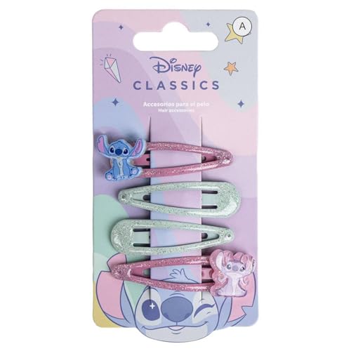 Disney Stitch Glitzernde Haarspangen für Mädchen, 5,1 cm Metall rutschfeste Clips mit zwei dekorativen Charms, stilvolle Haarschmuck - 4 Haarspangen von KP Pharma