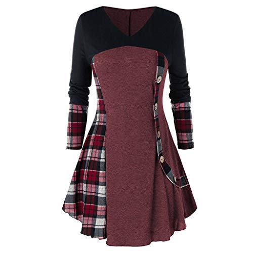 KPILP Damen Lange Bluse Pullover Elegant Kleid Winter Plaid Asymmetrisch T Shirt Kleider Patchwork Partykleider Bluse Oberteile Tunika Mode Mini Kleiden von KPILP