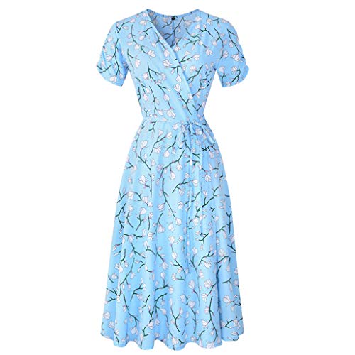 KPILP Midi-Kleid für Damen, kurzärmlig, V-Ausschnitt, Blumenmuster, Sommerkleid, Strandkleid, knielang, Party, hohe Taille, Übergröße Gr. 50, blau von KPILP