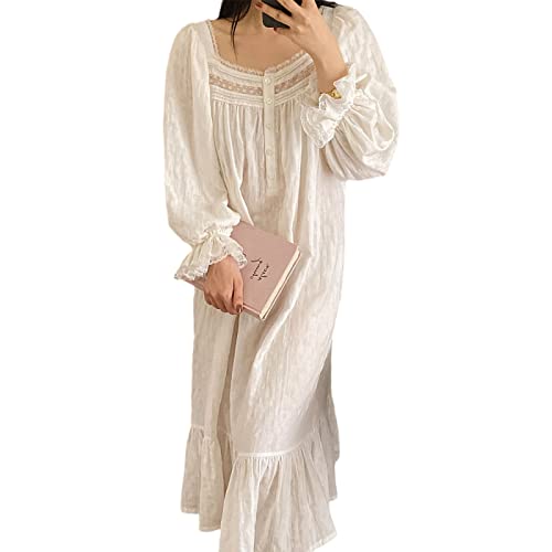 Damen Vintage Lange Nachtkleider Baumwolle/Kurz/Langarm Lounge Kleid Pyjama Sommer Herbst Weiß Nachtwäsche, Langärmlig, 42 von KPONE