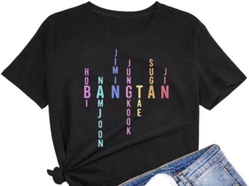 KPOPIRUDA Neue T-Shirts für B-TS Frauen Ärmel Mitglied Name Brief gedruckt T-Shirt Merchandise für Kpop Merch, Schwarz, X-Groß von KPOPIRUDA