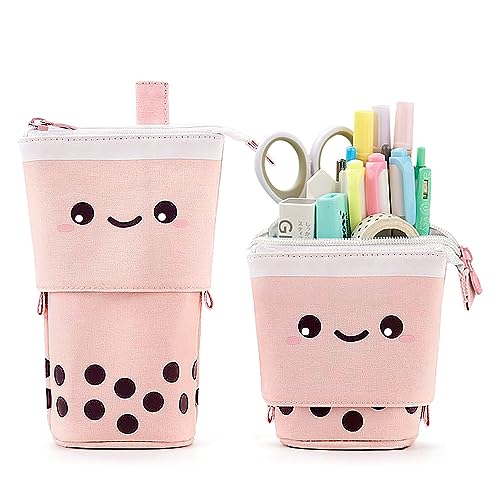 Niedliches stehendes Federmäppchen für Kinder, Pop-Up-Bleistiftbox, Make-up-Tasche, Weihnachtsgeschenk, Kinder, Kord, Stifthalter, Organizer, Kosmetiktasche, Kawaii-Schreibwaren (Rosa) von KPX