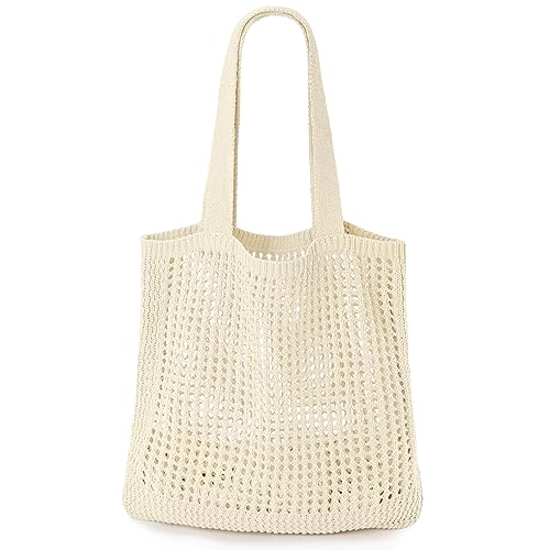 Häkeln Einkaufstasche, Strand Mesh Stricktasche Große Ästhetische Umhängetasche Handtaschen Hohl Hobo Tasche für Frauen Sommer, Beige, Large von KPX