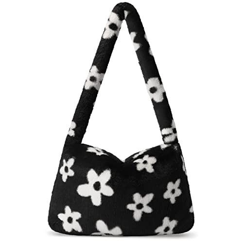 KPX Flauschige Y2K-Umhängetasche für Damen, große süße Plüschtasche, Kunstpelz, für Herbst und Winter., weiße blumen von KPX