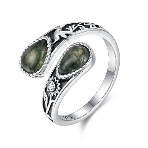 Moosachat Ring für Damen 925 Sterling Silber Kolibri Sonnenblume Ring Natürlicher Moosachat Schmuck Verstellbarer Löffelring von KQ&TTENG