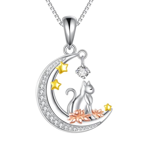 Katze Kette für Damen Sterling Silber Katze Schmuck Mond Anhänger Kette Blumenkette Geschenke für Damen von KQF