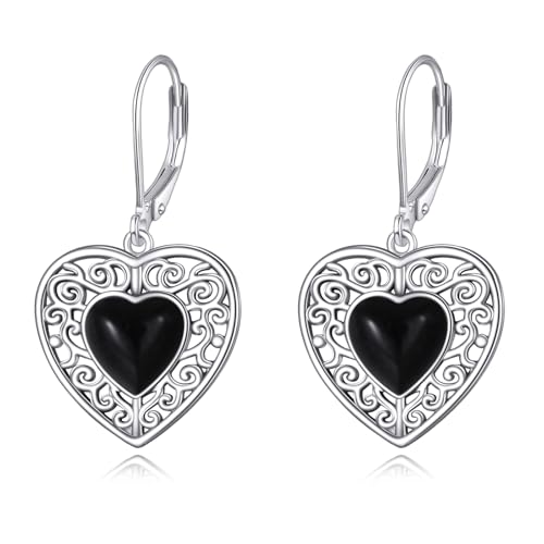 Herz Onyx Ohrringe Sterling Silber Filigrane Leverback Ohrringe Onyx Dangle Ohrringe Onyx Herz Schmuck Geschenke für Damen von KQF