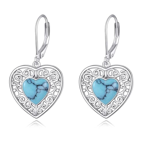 Herz Türkis Ohrringe Sterling Silber Filigrane Leverback Ohrringe Türkis Dangle Ohrringe Türkis Herz Schmuck Geschenke für Damen von KQF