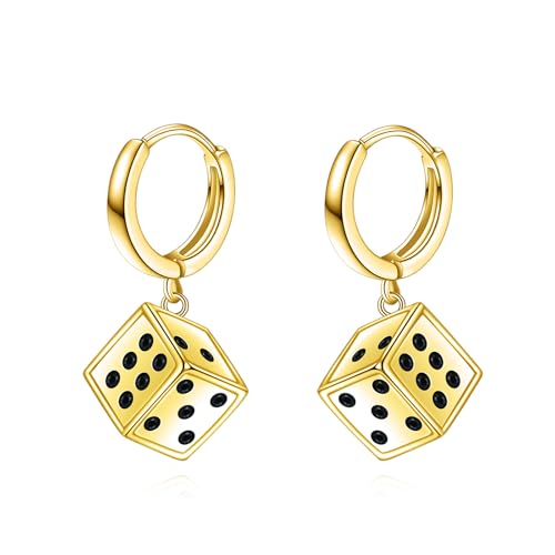 Würfel Ohrringe Sterling Silber 18K Gelbgold vergoldet Hip Hop Lucky Dice Drop Hoop Earrings für Männer Frauen von KQF