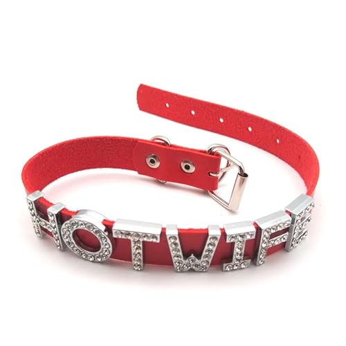 Modische O-Ring-Halskette Für Männer Und Frauen – Punk-Gothic-Buchstaben-Lederhalsband, Diy-Strass-Buchstaben-Halsband, Cosplay-Schmuck, Geschenke Für Freund/Freundin, Rot, Verstellbar 30 Cm, 40 von KQISAN