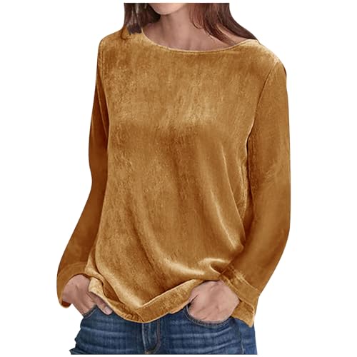 2025 Pullover Damen Goldener Samt Sweatshirts Ohne Kapuze Einfarbige Loose Tops Outdoor Sportjacke Für Frauen Stretchy Leichte Sweatshirts Langarm Rundhals Pulli Streetwear von KQIVAM