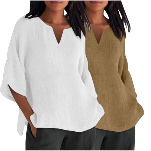 2er Pack Damen Einfarbig 3/4Arm T-Shirt Casual V Ausschnitt Bluse T Shirt Oberteile Frauen Sommer Elegant Kleidung Modern Streetwear Oversize Musselin Bluse Damen Shirts Tunika Tops von KQIVAM