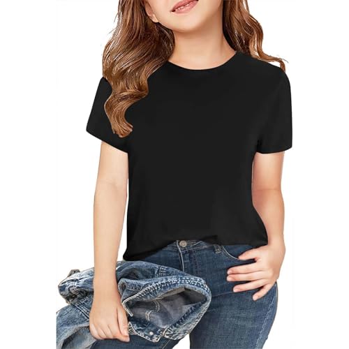 2er Pack Mädchen Kurzarm T-Shirts Kinder Sommer Tops Rundhalsausschnitt Casual Top Tees Oversized Oberteile Mode Einfarbig Rundhals Shirt Freizeit Basic Baumwolle Bluse für Mädchen 2-12 Jahre Alt von KQIVAM